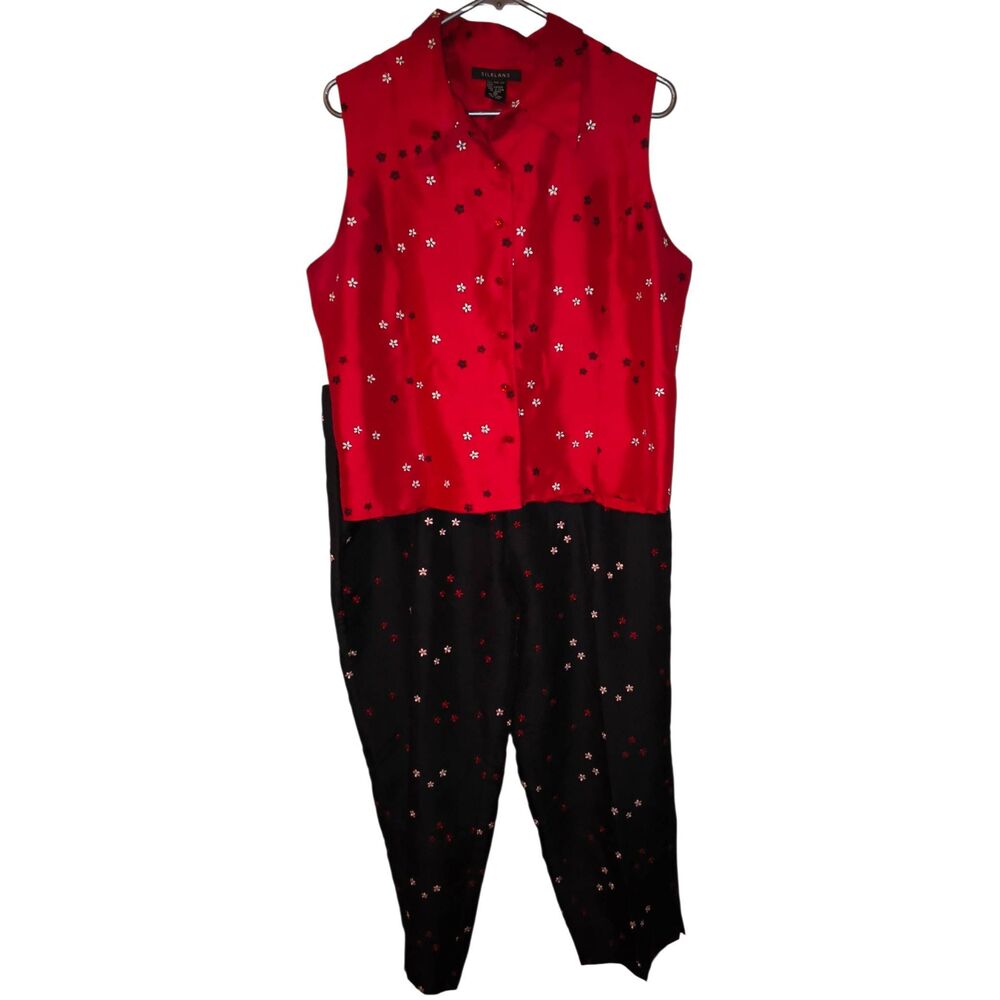 Silkland 100% Silk sleeveless button-down top and matching trousers Red black wh